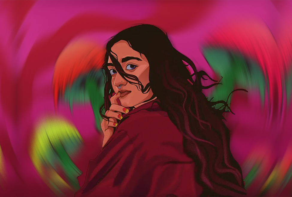 Show of picture of the digital menu for Bravur bar. I'ts a mobile display with focus on girl power